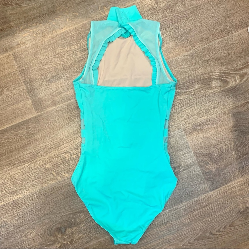 🩰 Balera Mock Neck Ruffle Detail Mesh Insert Leotard For Dance X Small Aqua 🩰 - Picture 8 of 11